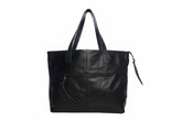 Black leather tote bag on a white background