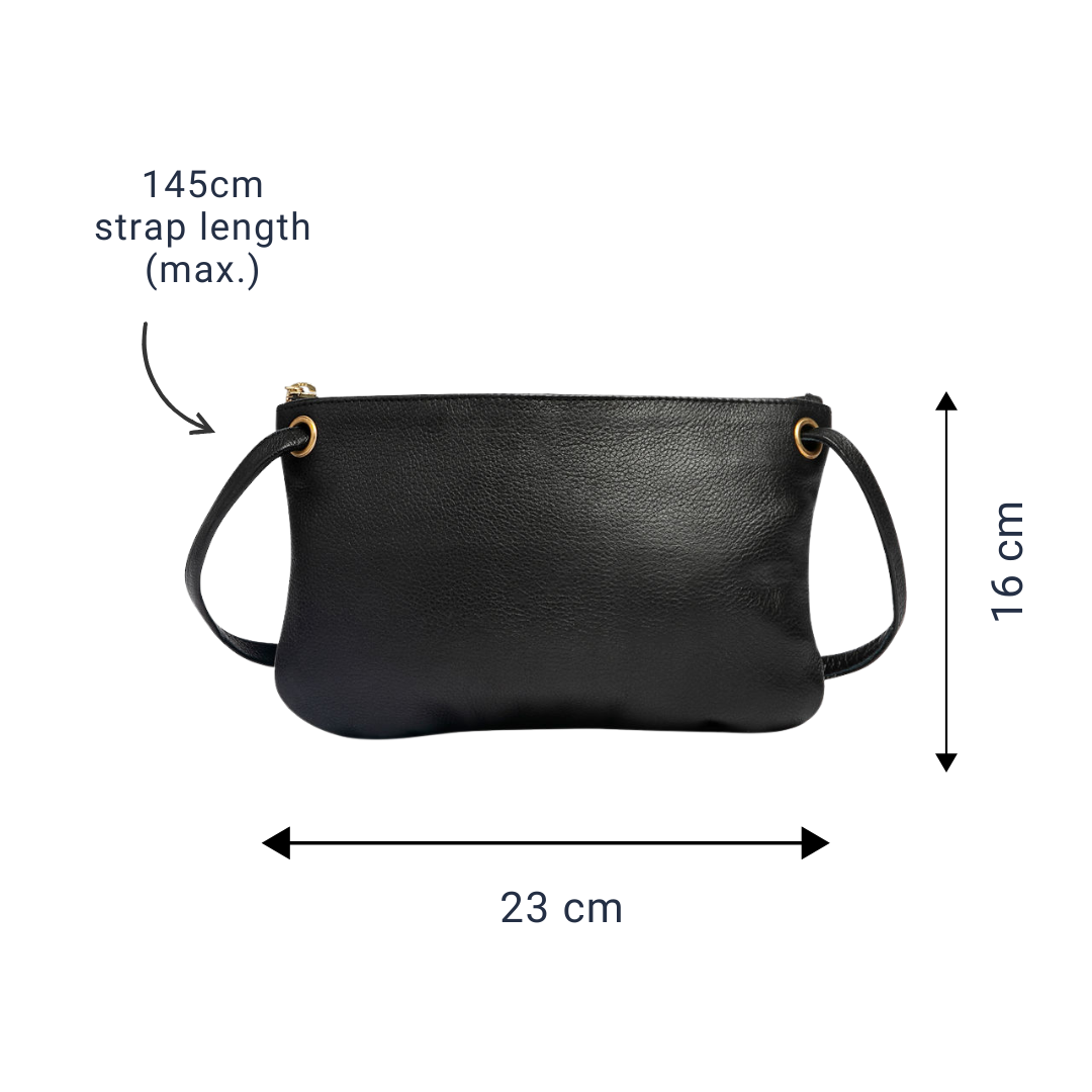 Black mini crossbody wallet 
with measurements on a white background