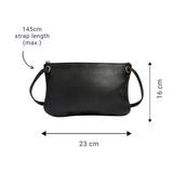 Black mini crossbody wallet 
with measurements on a white background