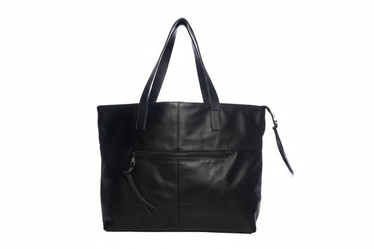 Black leather tote bag on a white background